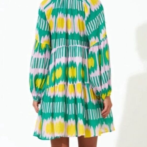 Oliphant Swing Dress Tunic Balloon Sleeves Silk Cotton Blend Ikat Print … - Picture 4 of 5